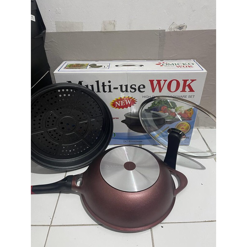 Panci Wok Omicko 32cm Pan Marble Anti Lengket + Kukusan Wajan Sangat Tebal Wajan Kukus Omicko