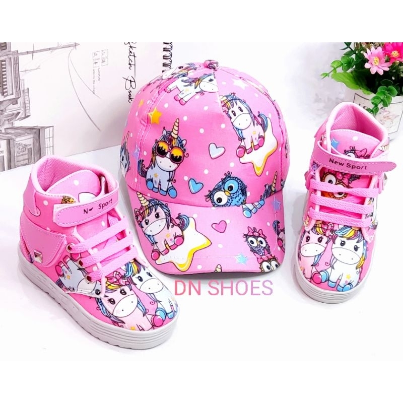 Paket Boots Anak Perempuan Topi Pet Anak Paket Sepatu Boot Anak dan Topi Anak Karakter Unicorn Pink Murah Lucu