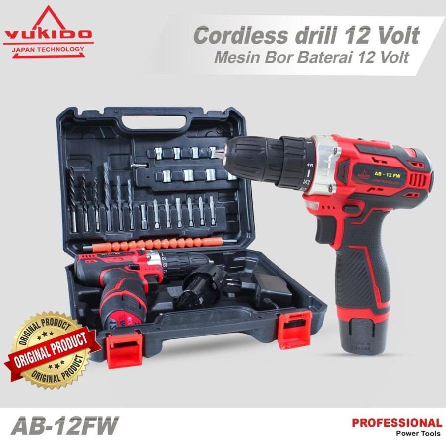 YUKIDO Red 12V Mesin Bor Cordless bor listrik 2 baterai set - BOR 4,8V