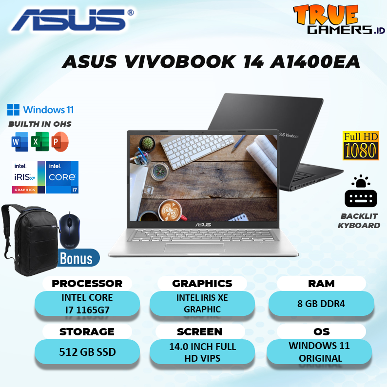 Laptop Asus VIVOBOOK 14 A1400EA I7 1165G7 8GB 512SSD Win 11 OHS 14.0FHD