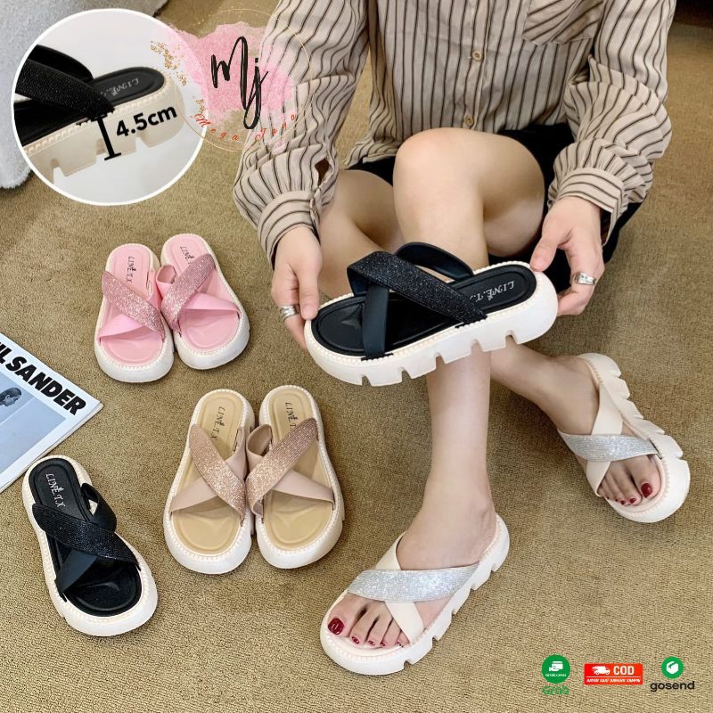 Sandal Wedges Wanita Selop Silang Glitter Import Terbaru