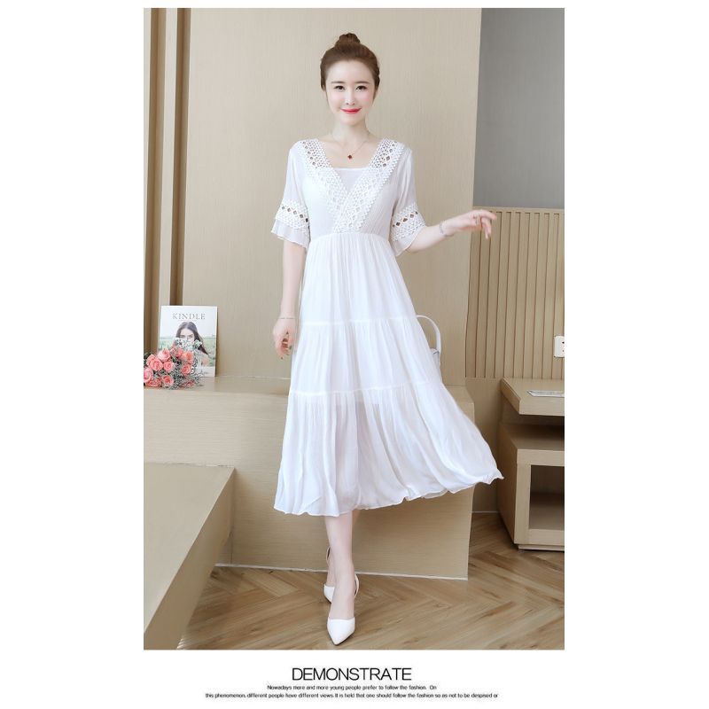 Long Dress wanita putih sifon cantik Korea lengan pendek elegant