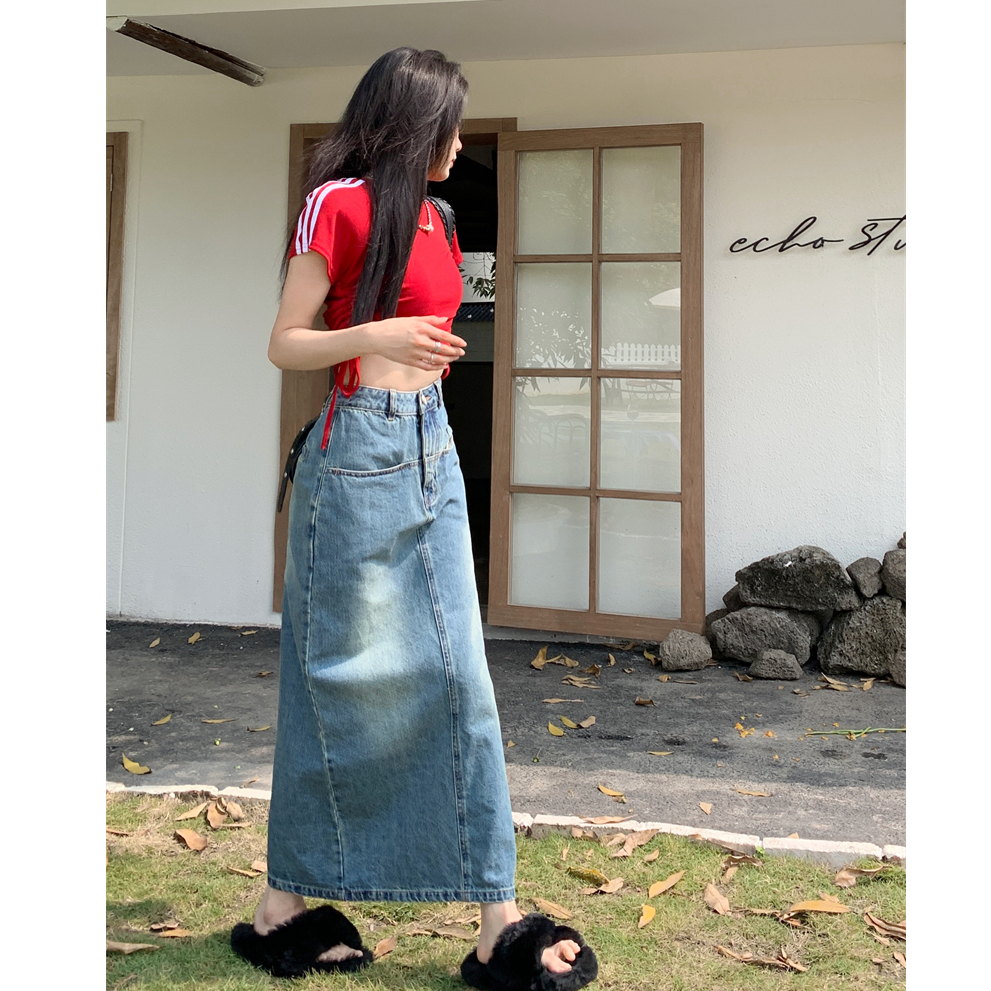 rok denim highwaist vintage washed rok a-line premium korean style rok vintage panjang