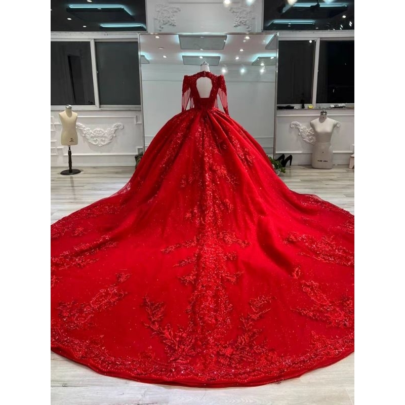 Gaun Pengantin warna merah lengan panjang mewah gaun pengantin berjilbab