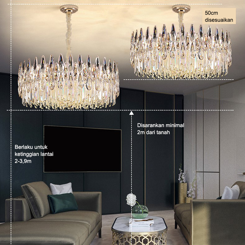 Lampu Gantung Kristal Chandelier Gold 60/40cm Ruang Tamu 3 warna Mewah Gaya Lampu Gantung Minimalis Hias Nordik Modern