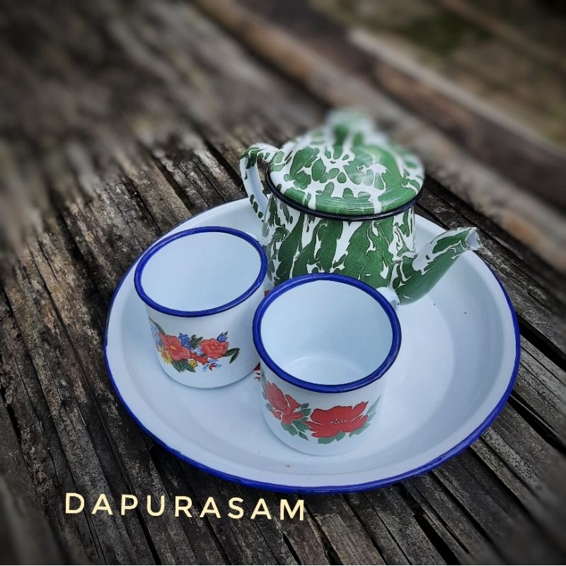 Set Nampan kembang 24cm + Teko Cebol + 2 Gelas Enamel 7cm Vintage Jadul