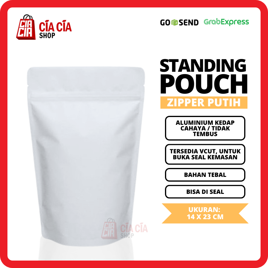 Kemasan Standing Pouch Zipper Alu Putih, Food Grade Kedap Cahaya 14x23 Putih