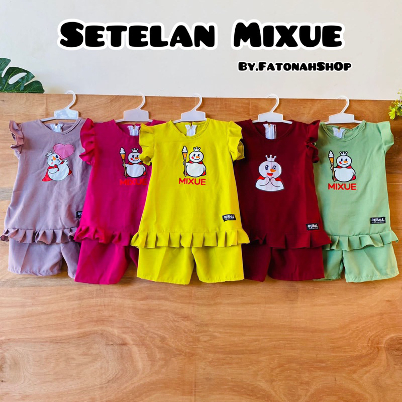 Setelan Anak 1 2 3 4 5 6 Tahun Anak Cewek Perempuan Setelan Mixue crepe Kekinian terbaru set lucu viral bahan crepe dan crinkle ( Setelan Mixue )