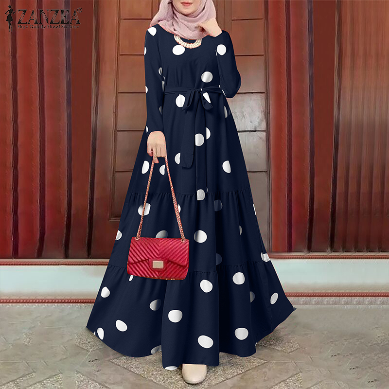 ZANZEA Women Muslim Elegant Casual Full Sleeve O-Neck Polka Dots Printed Ruffle Maxi Dress