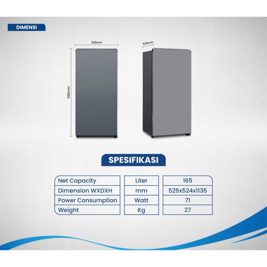 Kulkas Aqua 1 Pintu 165 liter Big Freezer AQR-D205 MDS/MLS