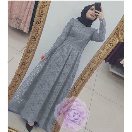 Nara Gamis Maxi Warna Putih Abu Silver Brukat Tulang Corneli Fit to S-L Non Gliter Lapis Furing Real