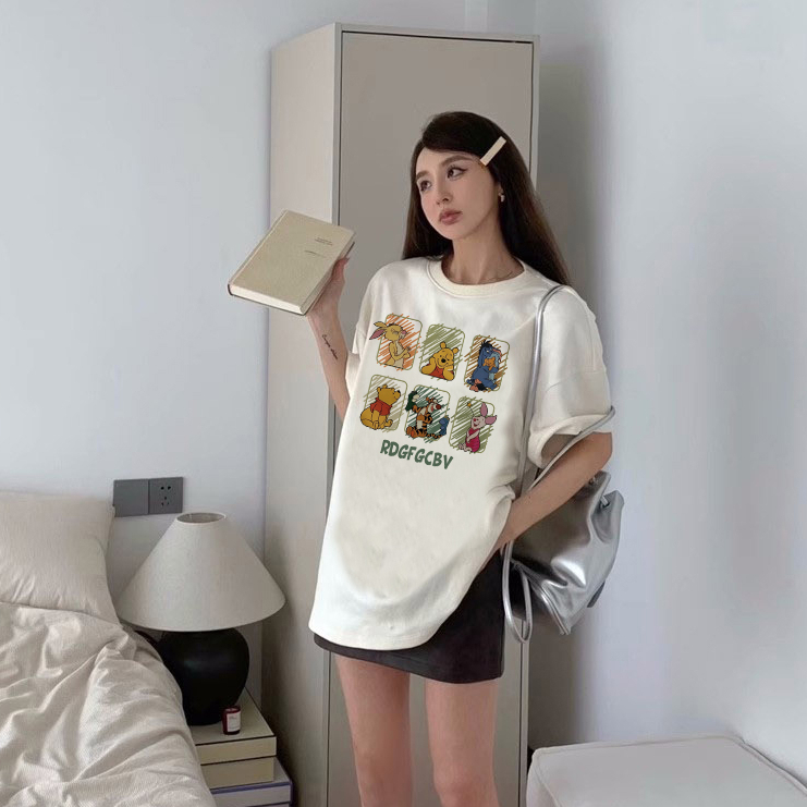 kaos wanita korean style lengan pendek cartoon graffiti winnie the pooh motif printed t-shirt kekinian import oversize kaos puith