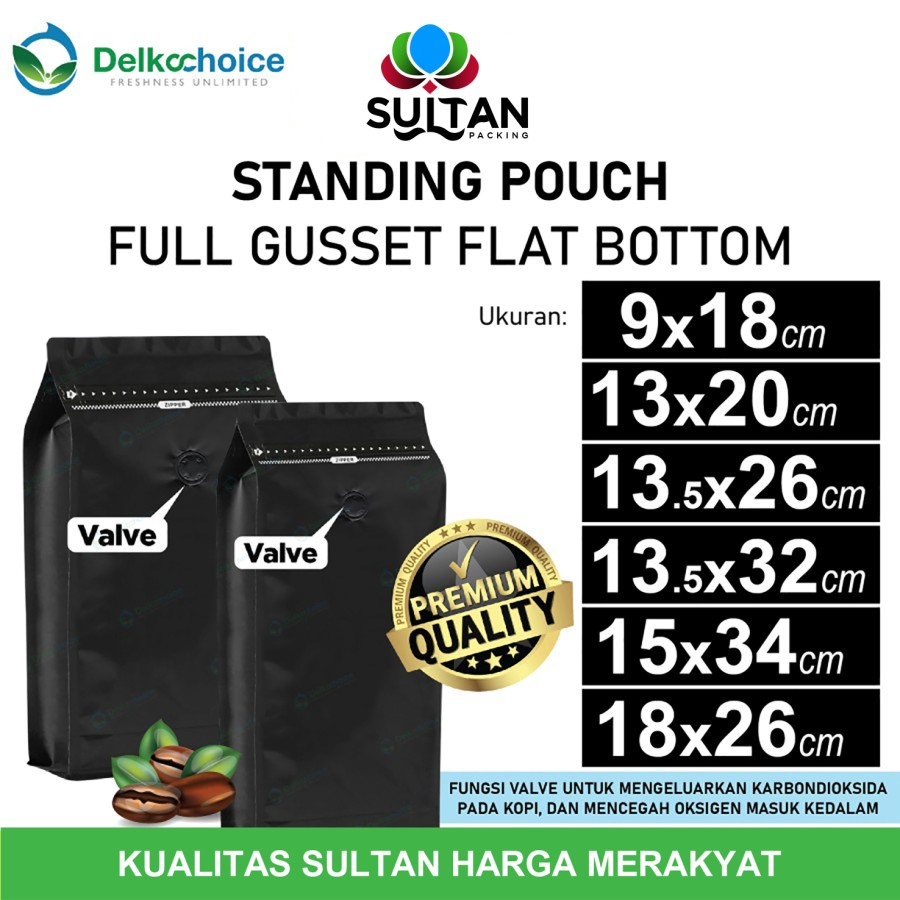 Coffee Bag Flat Bottom Kemasan Biji Kopi FULL GUSSET VALVE DELKOCHOICE