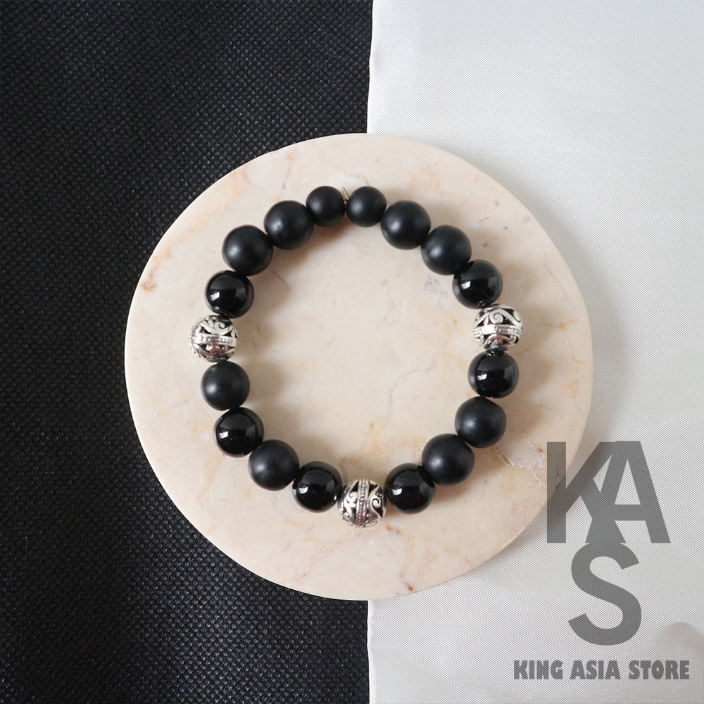 Gelang Tangan BLACK DOFF with BOLA SILVER Gelang Batu Alam Gelang Pria dan Wanita RDNB Original