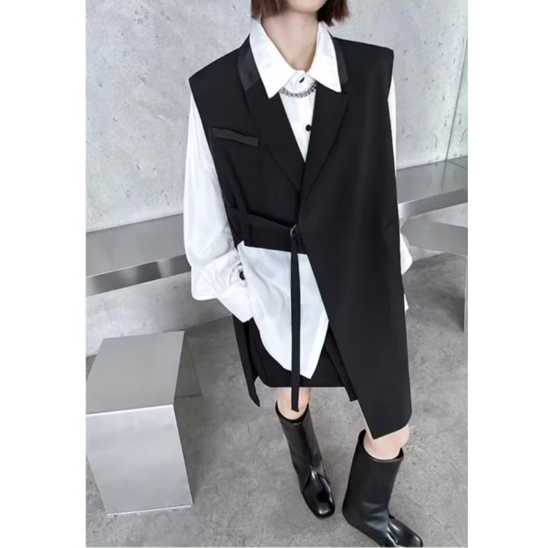 Blazer Zigzag asimetric harajuku / vest korean style / rompi hitam korea