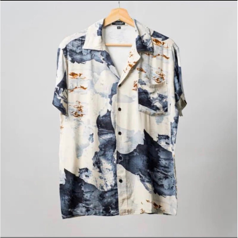 Kemeja Pria Hawai/ Kemeja Pantai Abstrak Vintage Casual Lengan Pendek Retro Bahan Rayon Viscose import adem-R-sky