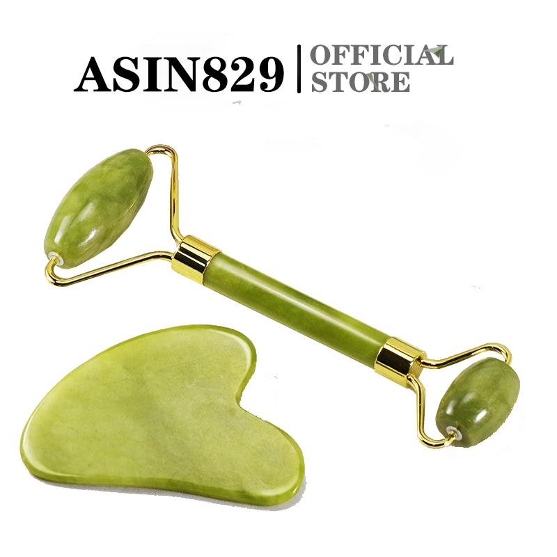 ASIN829 Pijat Wajah - Jade Roller Gua Sha 2-in-1 / Green Stone Face Roller Green Gua Sha Jade Roller Tool Facial Massager / Jade Roller &amp;; Gua Sha / Facial Roller / Facial Massager N15