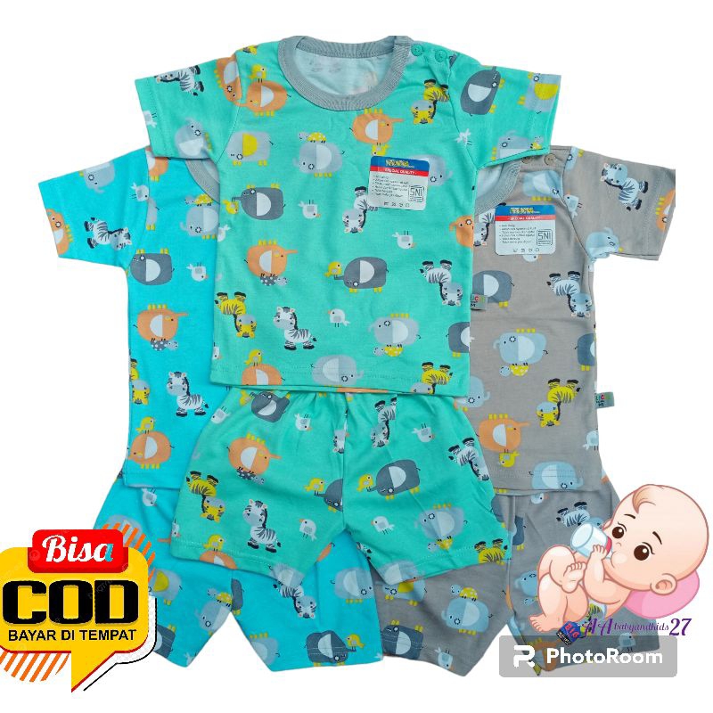 FELICIA 3Pasang Setelan Baju Bayi Kancing Bahu Lengan Pendek Celana Pendek Full Printing Ukuran M L XL SNI Berkualitas