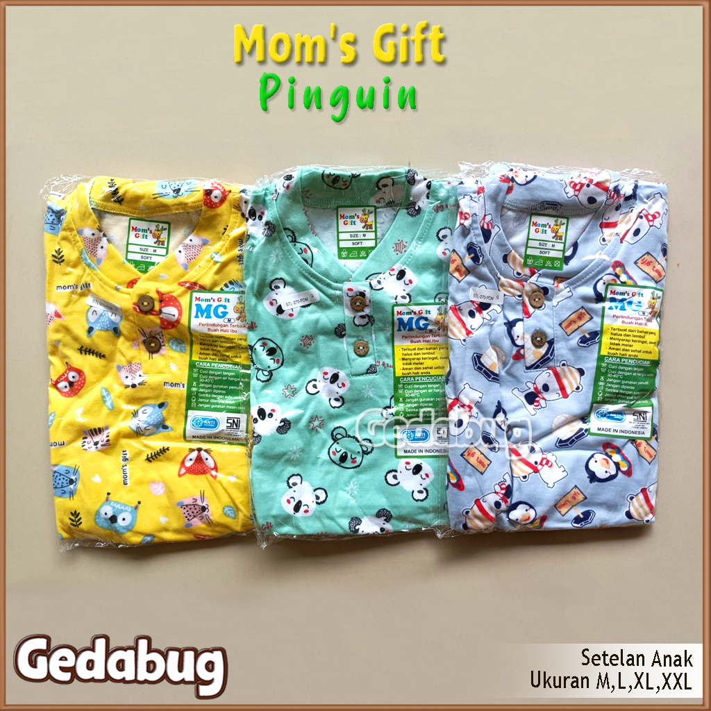 3 Setel - Setelan Anak Pendek Mom's Gift Pinguin Series | Setelan Kaos anak Kancing Depan Moms Gift | Gedabug