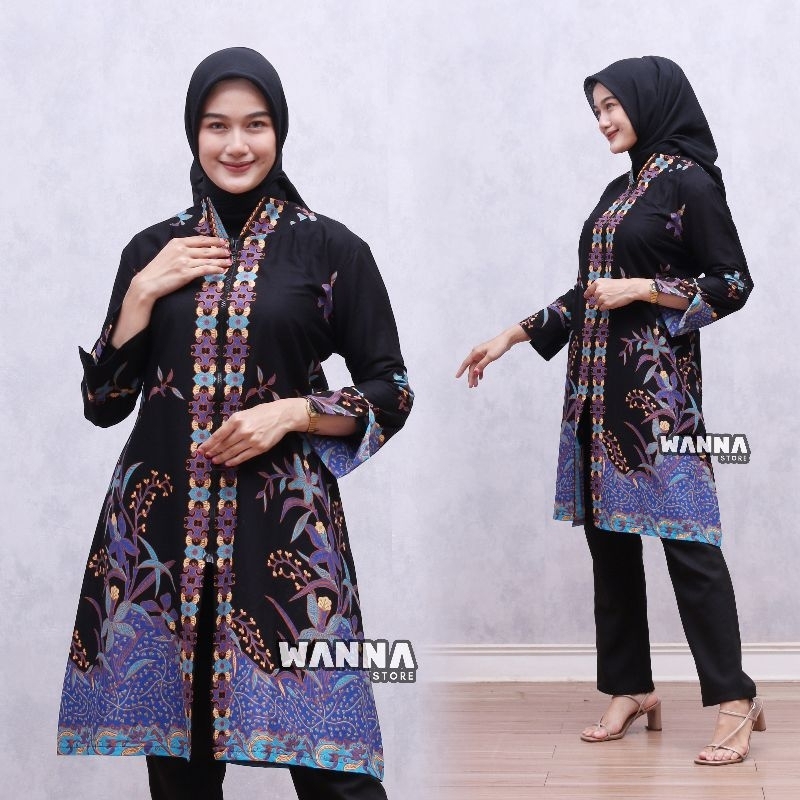 TUNIK BATIK PREMIUM ELEGAN ATASAN WANITA TERBARU ZIPPER DEPAN