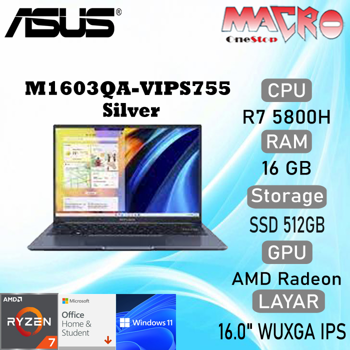 ASUS M1603QA-VIPS753 Blue / 755 Silver ( AMD R7-5800H/ 8GB+8GB/ 512GB / 16" VIPS FHD WUXGA (1920 x 1