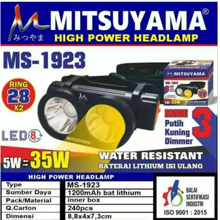 Senter Kepala Putih Kuning Dimmer Cas Headlamp LED MS-1923