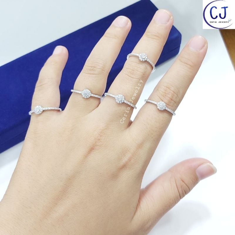 Cincin Perak Wanita Asli Silver 925 Lapis Emas Putih Model Bulat Bunga Permata Listring Samping - Perhiasan Perak Asli