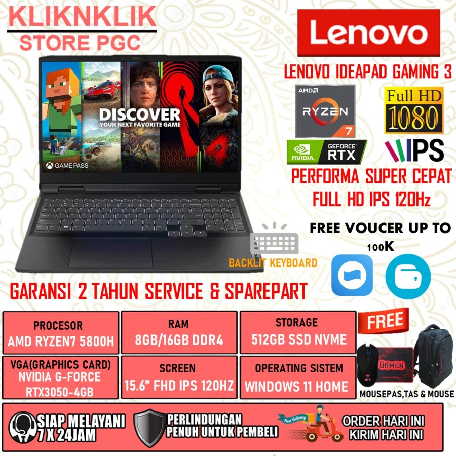 LAPTOP LENOVO IDEAPAD GAMING 3 AMD RYZEN 7 5800H RAM 8GB 16GB 512GB SSD RTX3050 FHD IPS 165Hz WINDOWS 11 HOME