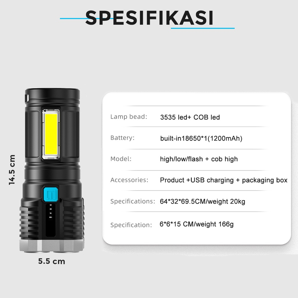 Senter 4 LED Super Terang Rechargeable + COB Senter Led Jarak Jauh + COB
