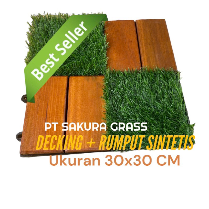 GROSIR DECKING LANTAI KAYU + RUMPUT SINTETIS UKURAN 30X30 CM UNTUK LANTAI TAMAN