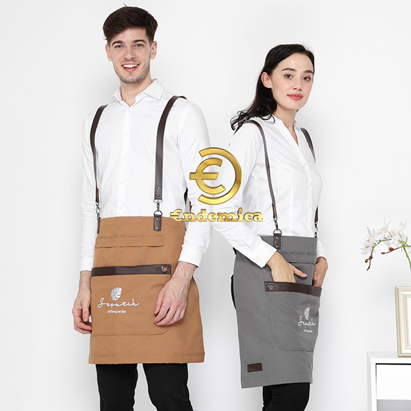 Half apron celemek waitress/waiter  varian warna kanvas waterproof 100 % &amp; synthetic leather plus bordir logo