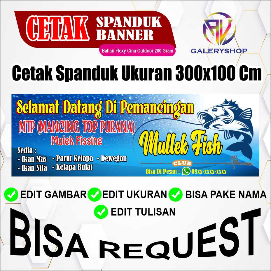 spanduk banner pemancingan jual ikan dll. custom 300x100 cm