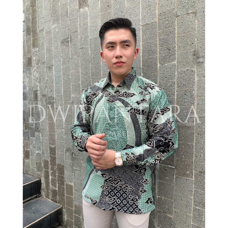 Batik Binjai Series Hijau Mint Wardah, Batik Pria Premium, Dobby Furing, Lengan Panjang