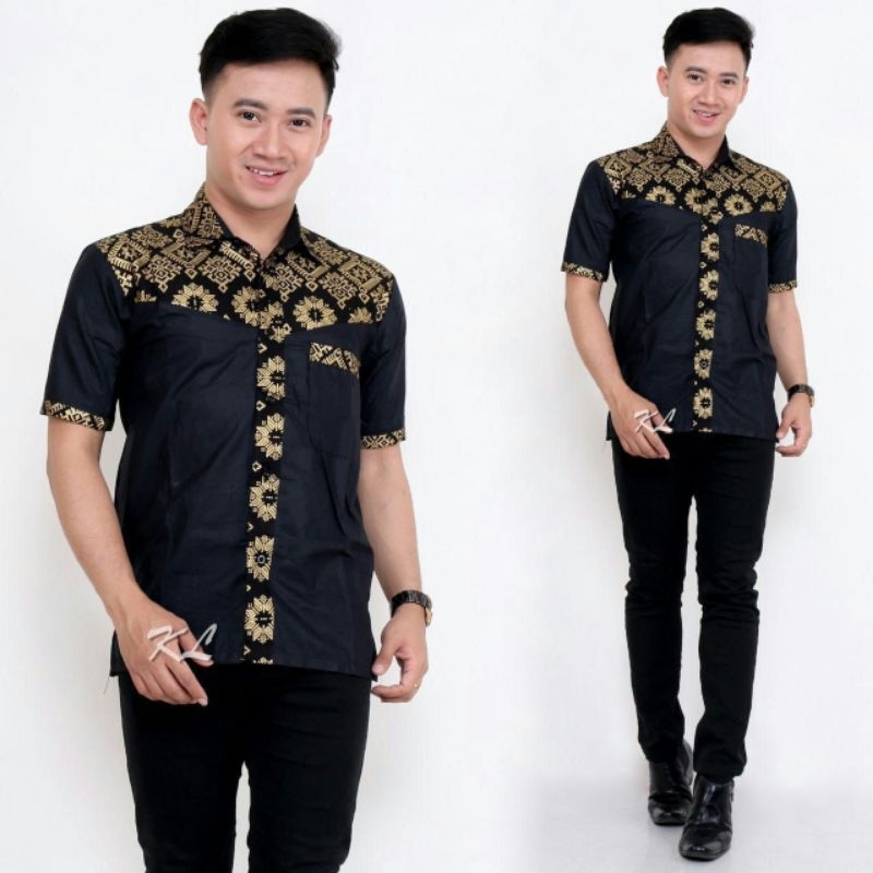 MURAH BATIK KEMEJA HEM PRIA MOTIF PRADA KOMBINASI MERAH BAJU M L XL