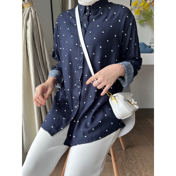 KEMEJA WANITA POLKADOT JUMBO XXXXL / KEMEJA OVERSIZED SHIRT LD 120 / ATASAN WANITA BIGSIZE