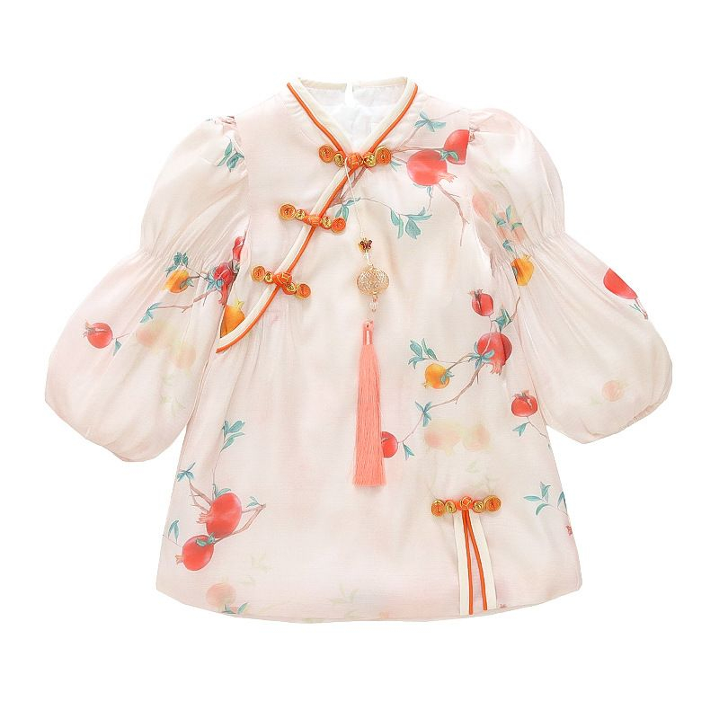 Dress Cheonsam Panjang Anak Perempuan Motif Pomegranate Orens Lampion Krincing