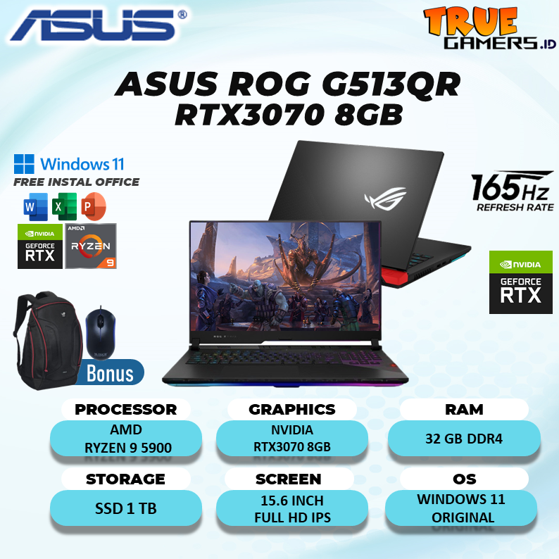 Laptop Gaming Asus Rog G513QR RTX3070 8GB Ryzen 9 5900 32GB 1TBSSD W10 15.6FHD IPS 165HZ