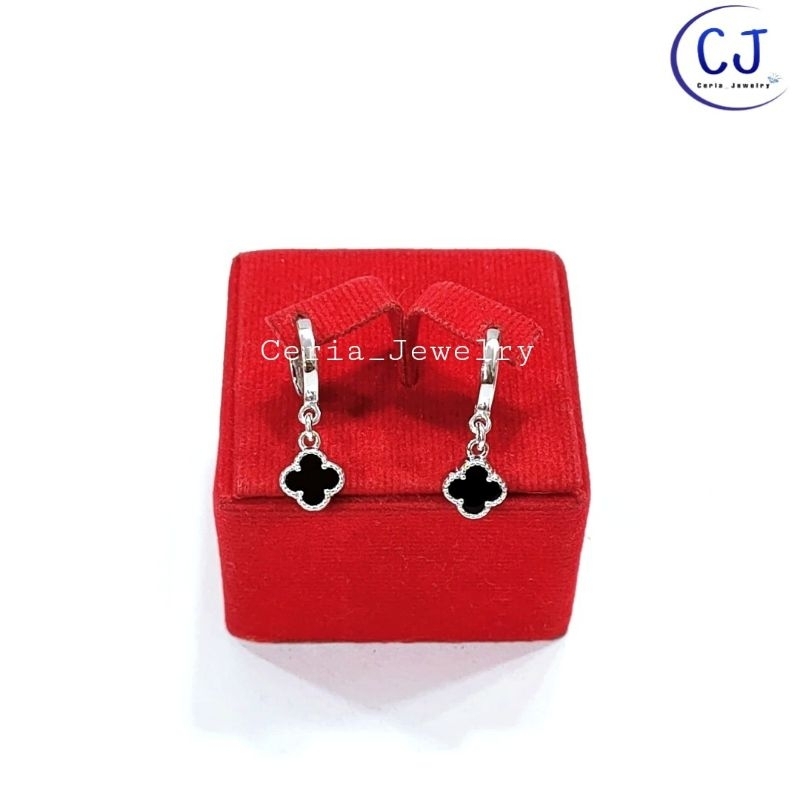 Anting Perak Asli Silver Wanita 925 Lapis Emas Putih Model Jepit Polos Gantungan Van cleef Hitam - Perhiasan Perak Asli