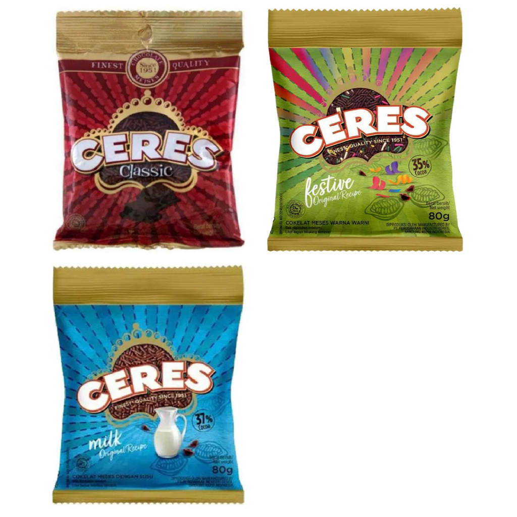 

Ceres hagelslag meises classic, milk dan festive kemasan 80gr