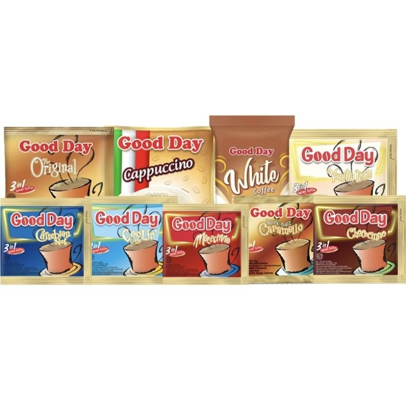 

Good Day Cappucino / Mocacino / Chococino / Vanilla Latte / Coolin / Carebian Renteng isi 10 pcs