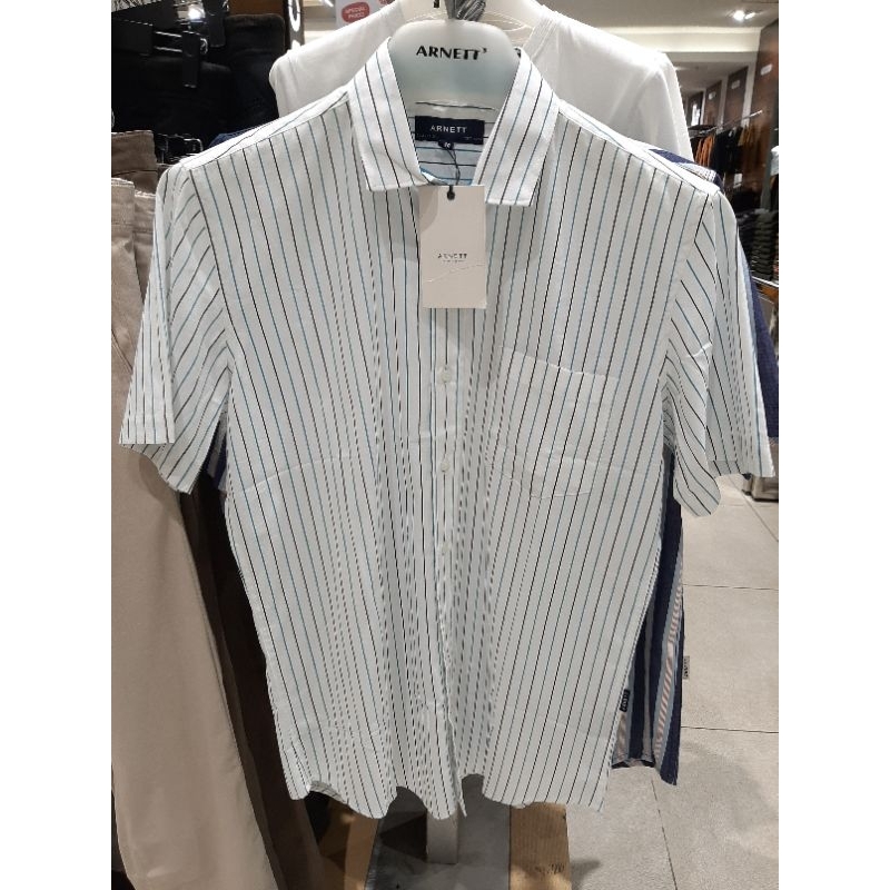 Arnett Baju Pria Kemeja Lengan Pendek Stripe White