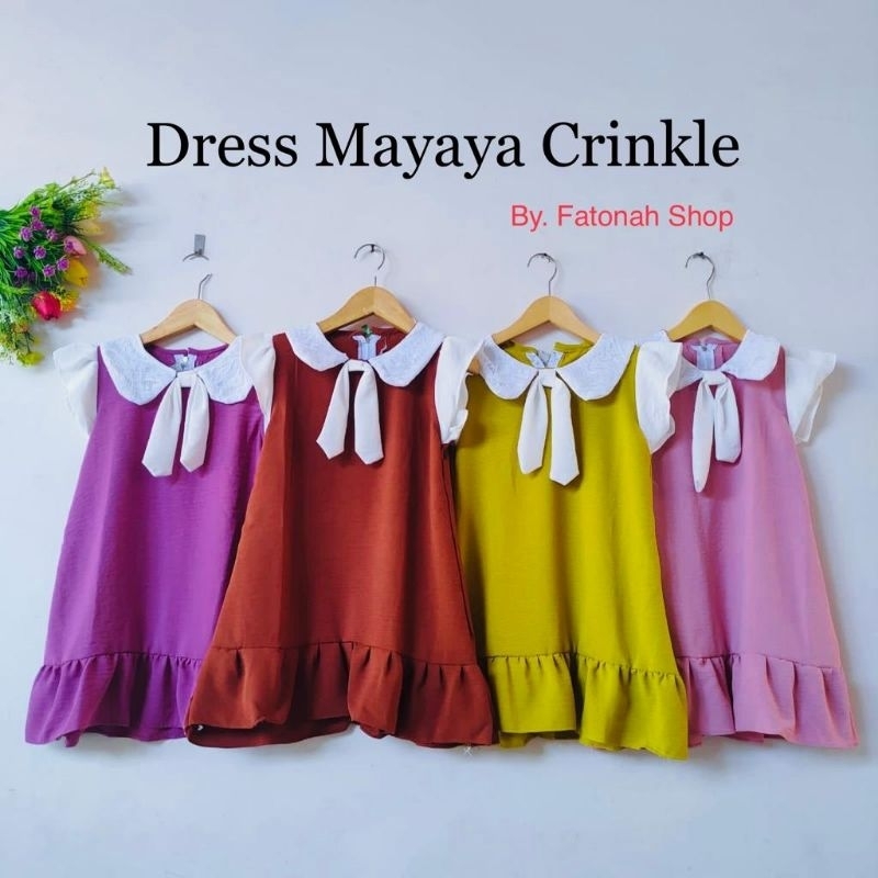 Dress Anak 2 3 4 Tahun Anak Cewek Perempuan Crinkle kerah putih pita putih lucu kekinian lengan pendek terbaru viral ( Dress Mayaya )