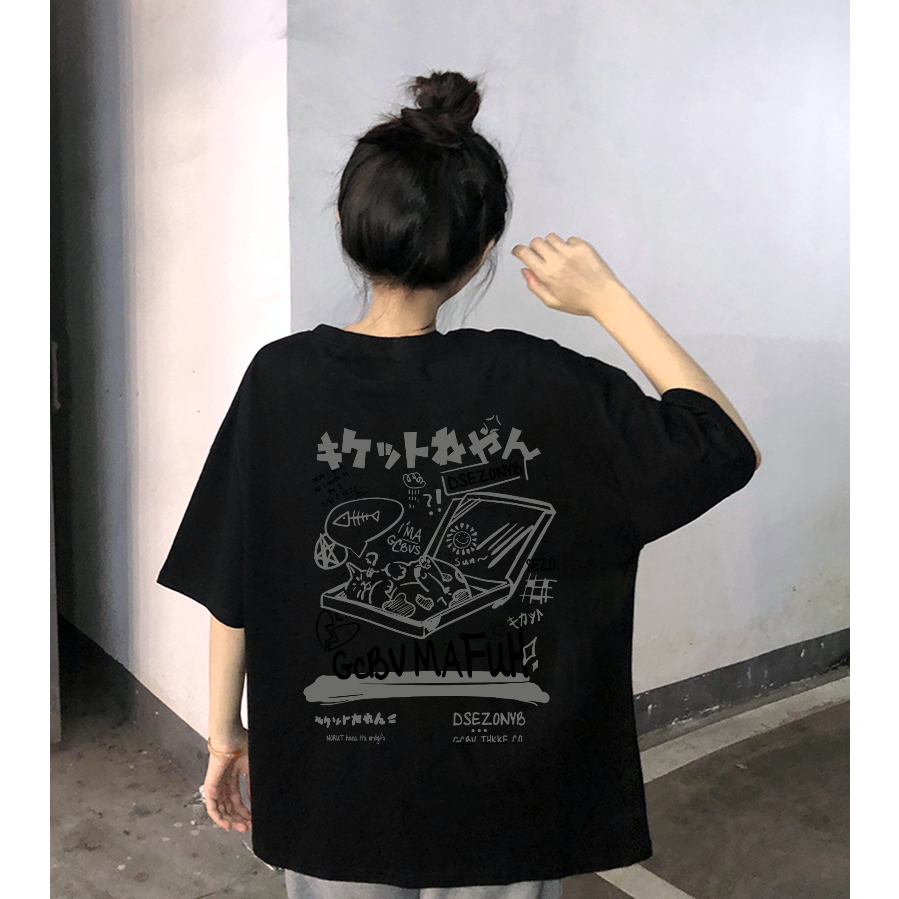 XiaoZhaiNv Kaos Atasan Wanita Kucing Tidur Kartun Pattern Lengan Pendek A0277/Korean Style