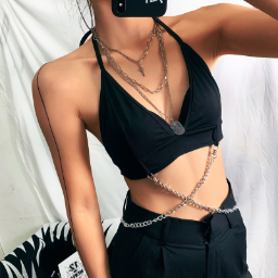 【AMY J】V Neck Sleeveless Binding  Cross Chain Strap  Crop Tops  7570