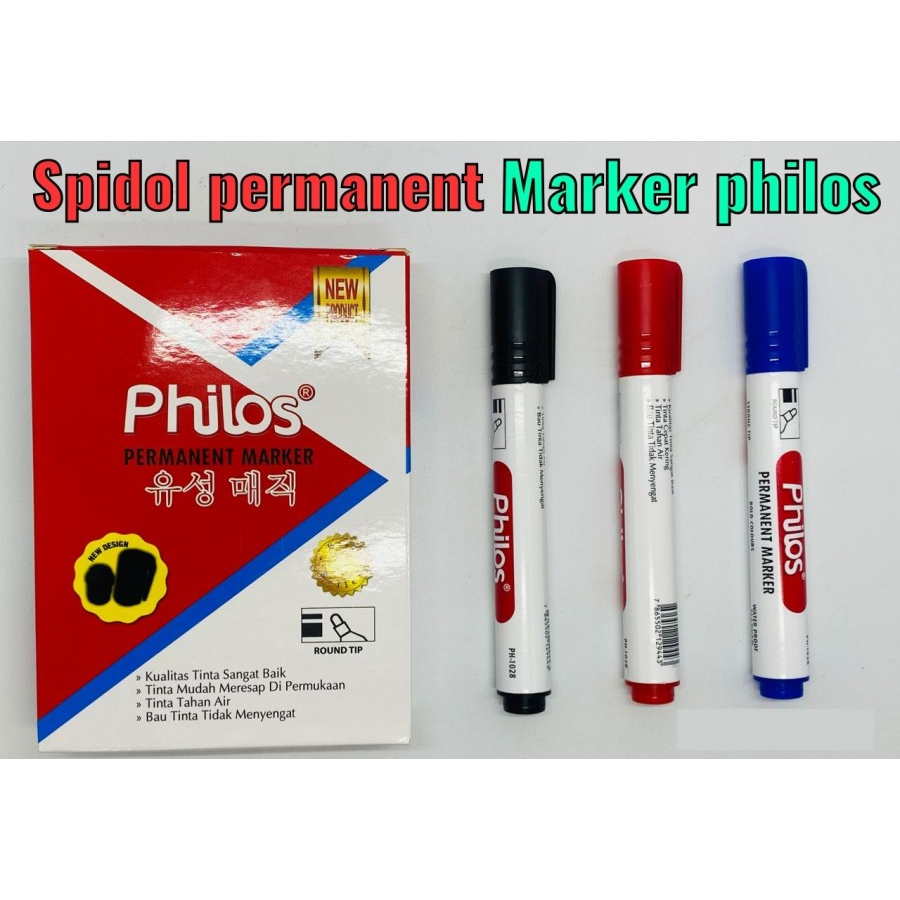 

[12pcs] Spidol Permanent Marker Philos Premium warna Hitam Biru Merah