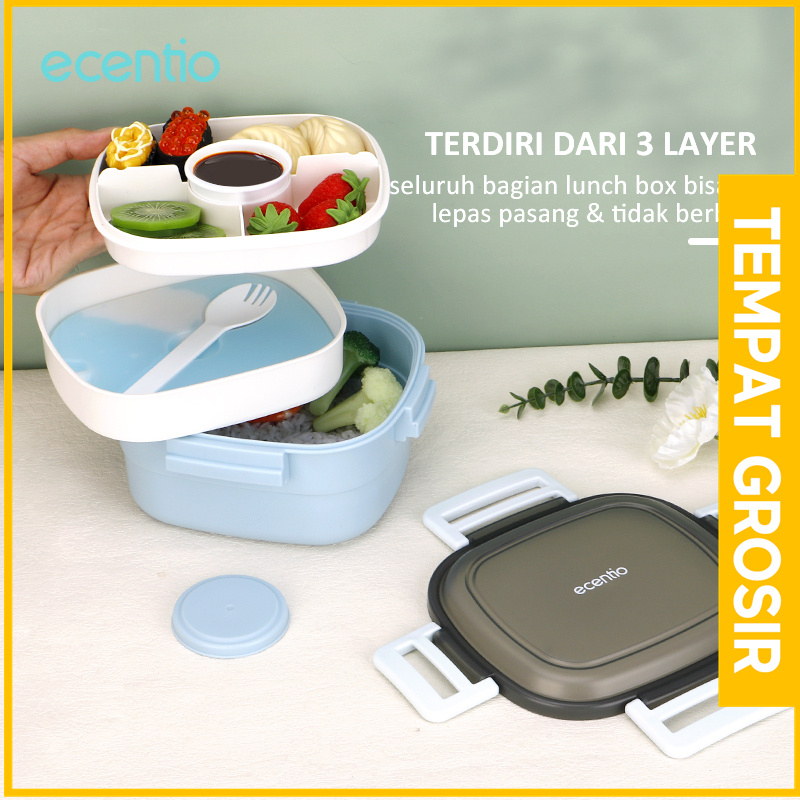 ecentio 1.6L tempat makan anak 2/3 susun anti tumpah icy block biru dan salad box/lunch box set double-layer 1600ml tempat bekal/Free sauce cap/Free sendok set