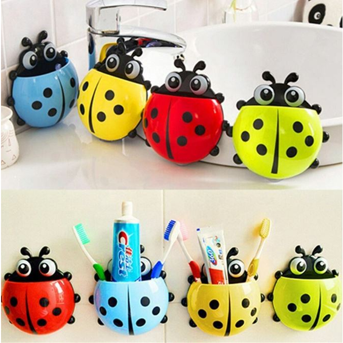 Rak Tempat Sikat Gigi Karakter Kumbang / Wadah Tempel Dinding Kaca Kamar Mandi / Toothbrush Holder Motif Ladybug / Silikon Sucker Serbaguna [MF]