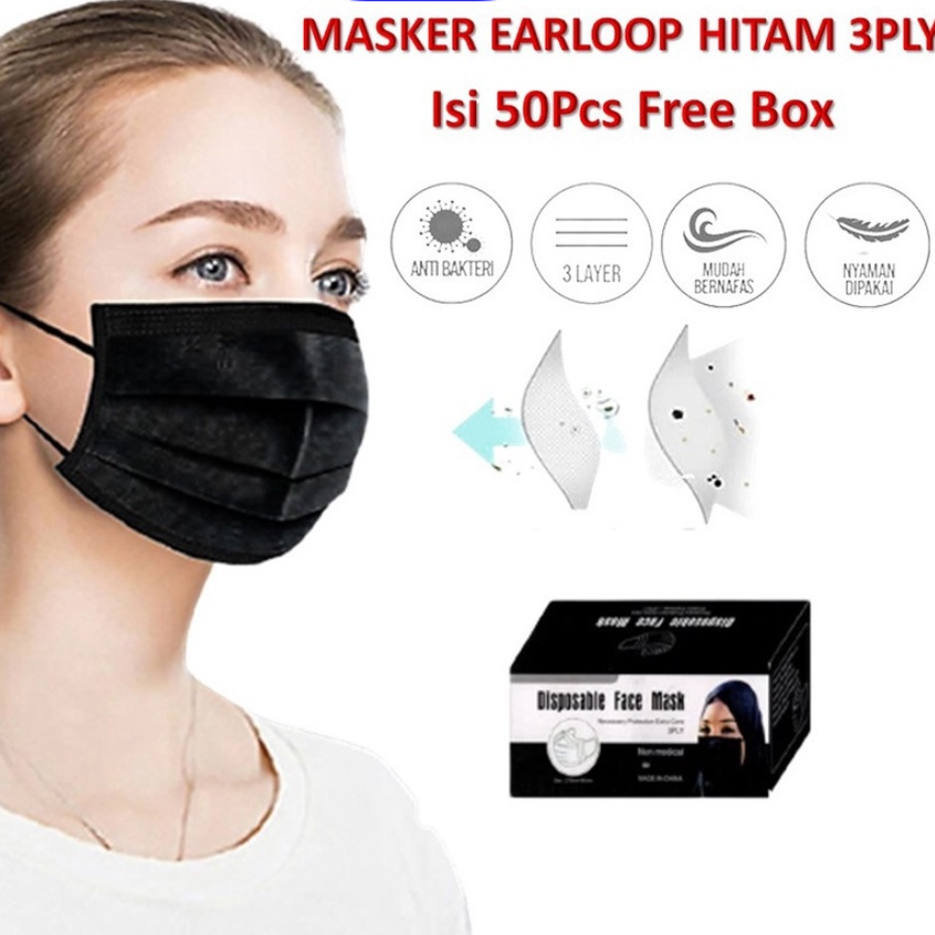 ONLYONE12 Termurah !!! Masker 3ply / Masker Disposable Hitam 3ply / Masker Earloop Black Mask / Masker Hitam isi 10-50pcs