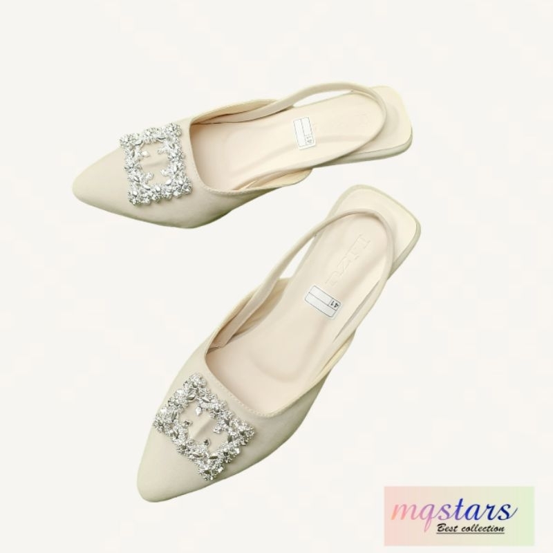 mqstars-Sandal Wanita Slop Runcing Slip-on ZR Weddingshoes Hak 2cm Mule Terbaru