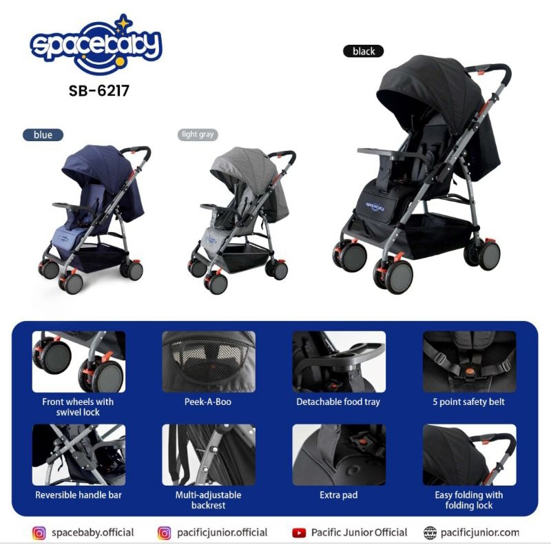 Kereta Dorong Bayi Anak Baby Stroller Space Baby Sb-6217 Reversible Stir Cabin Size